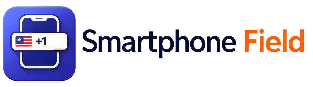 A logo with a blue smartphone icon, displaying a USA flag and +1 on its screen, next to the text "Smartphone Field." "Smartphone" is in dark blue, and "Field" is in bright orange. The background is light gray.
