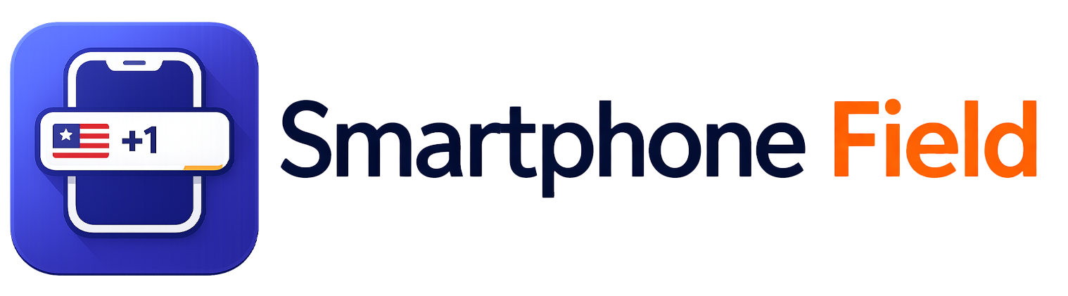 A logo with a blue smartphone icon, displaying a USA flag and +1 on its screen, next to the text "Smartphone Field." "Smartphone" is in dark blue, and "Field" is in bright orange. The background is light gray.